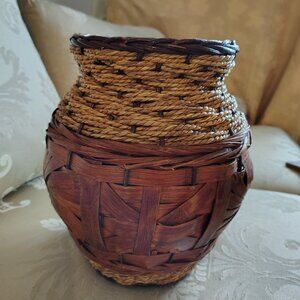 Vintage Clay Pot Vase Wrapped In Woven Wood & Wicker. Hand-made.